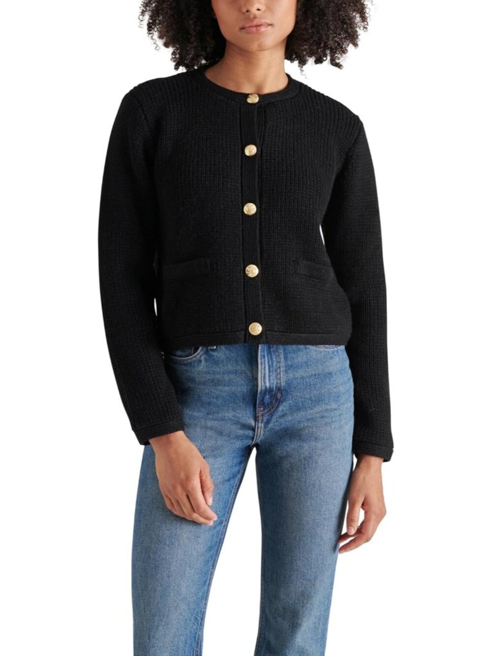 Steve Madden Women's Black Apparel Fantino Knit Button Closure Sweater Jackets